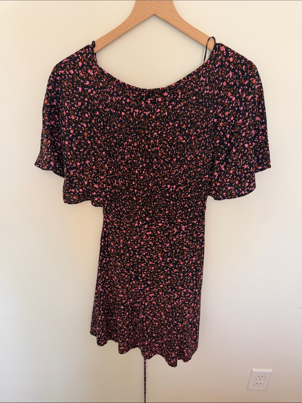 Free People Black Mini Dress with Pink Floral Print